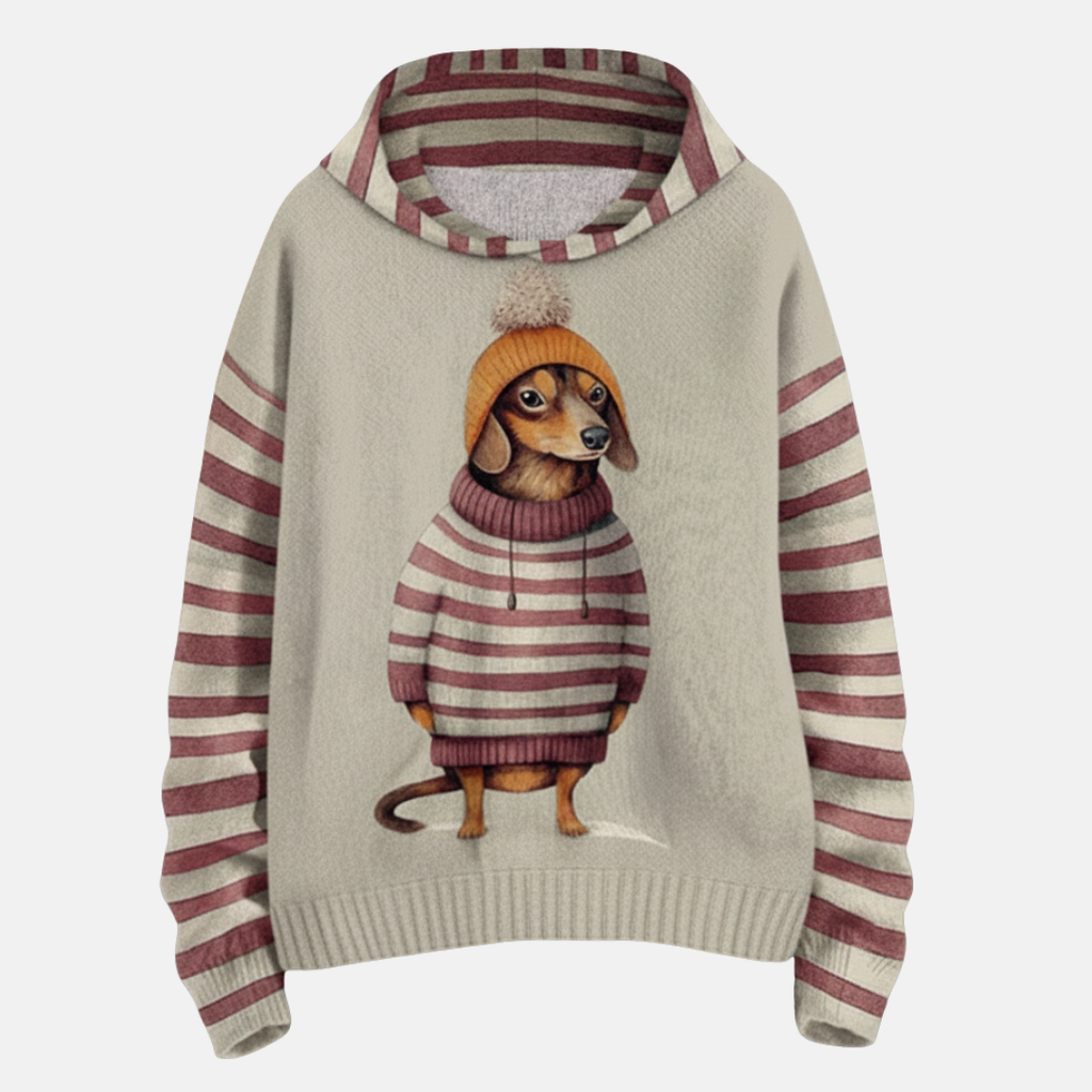 Women's Relaxed Fit Hoodie – Fleece Feel with Cartoon Dog Print & Striped Sleeves Red