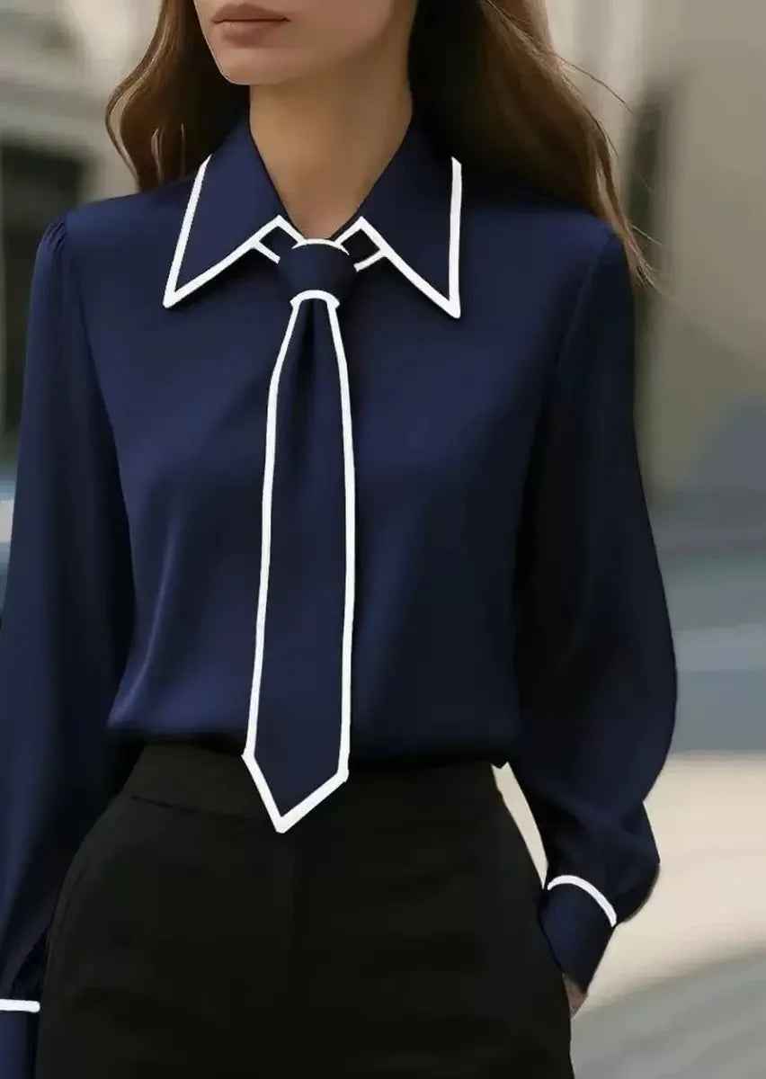 Women's Contrast Tie Blouse Navy Blue