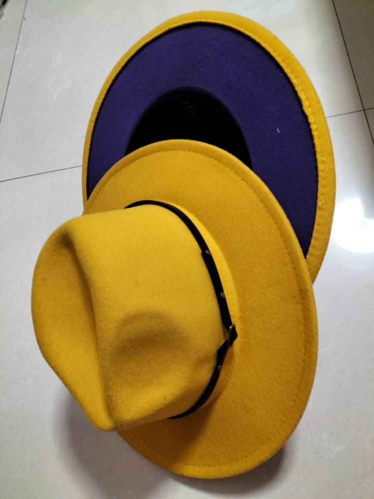 Stylish Color-Block Fedora Hat for Trendy Jazz Lovers A Yellow inner purple M