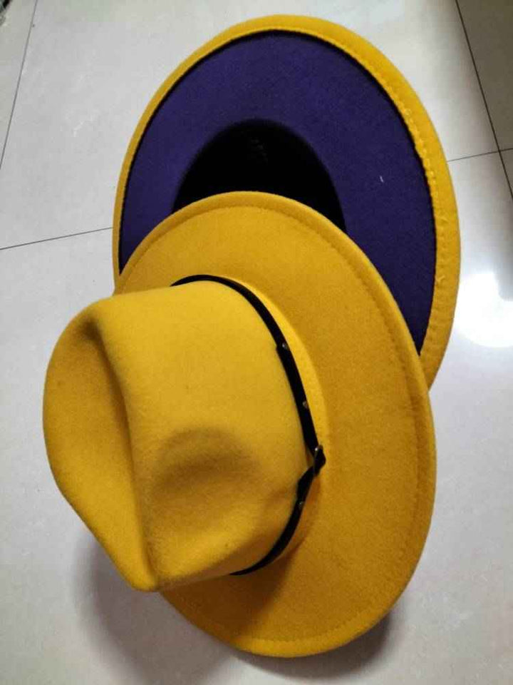 Stylish Color-Block Fedora Hat for Trendy Jazz Lovers A Yellow inner purple M