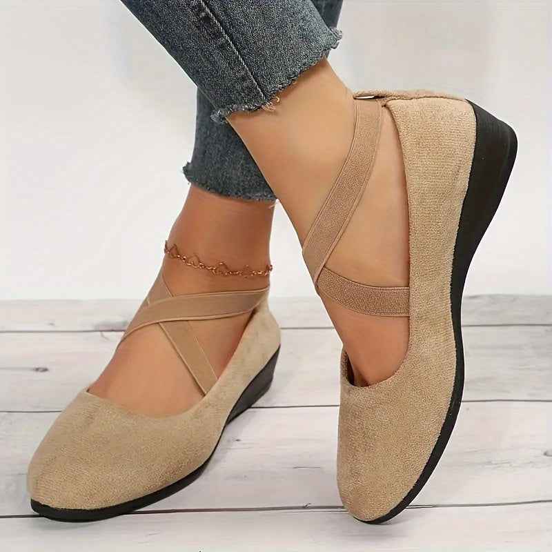 Women's Casual Ballet Flats with Crossed Straps and Round Toe Apricot