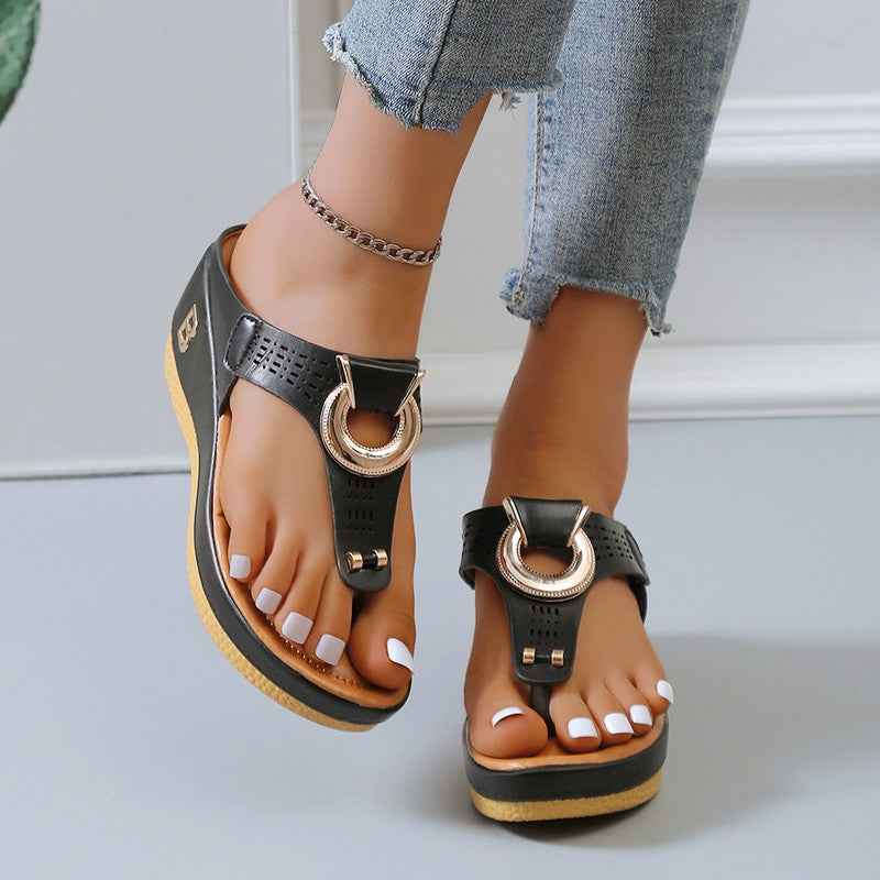 Women's High Heel Wedge Thong Sandals with Metal Accents