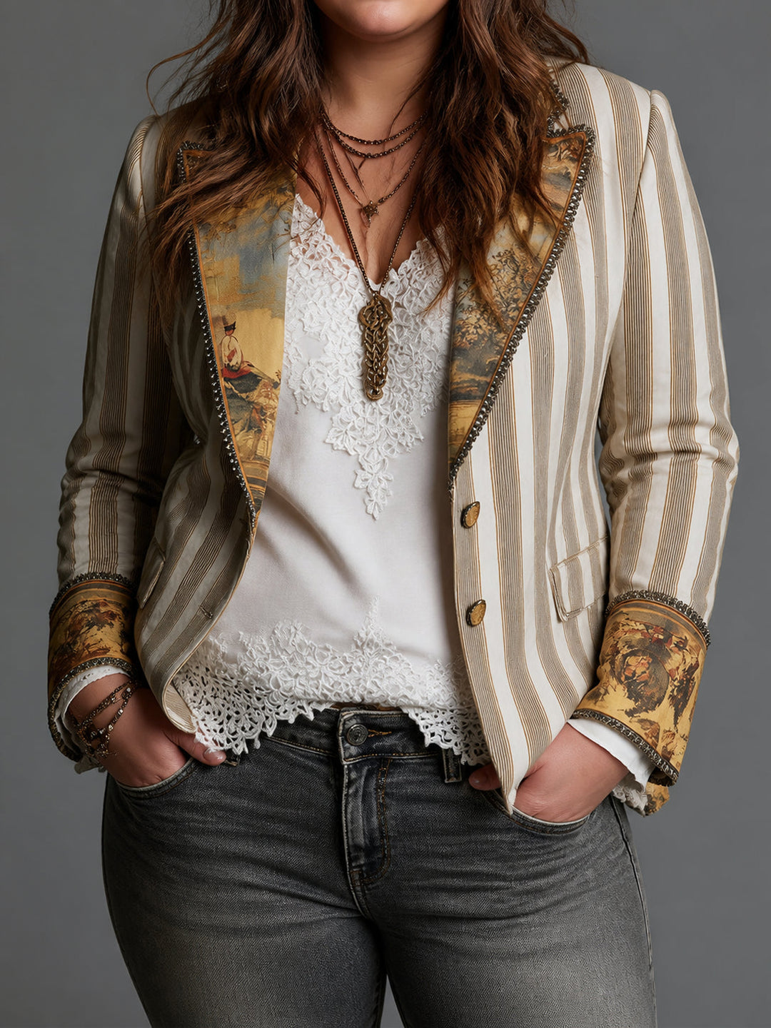Women's Pinstripe Relaxed Blazer Jacket with Printed Lapel