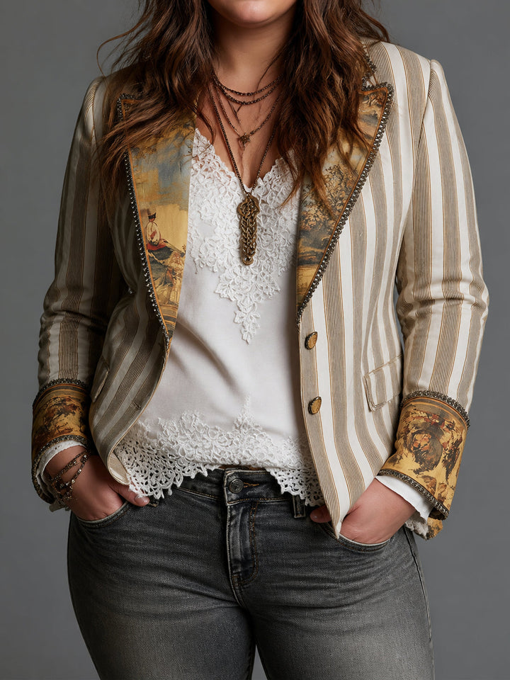 Women's Pinstripe Relaxed Blazer Jacket with Printed Lapel