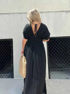 Women's Elegant Deep V-Neck Maxi Dress - Tailored Fit with Split Skirt