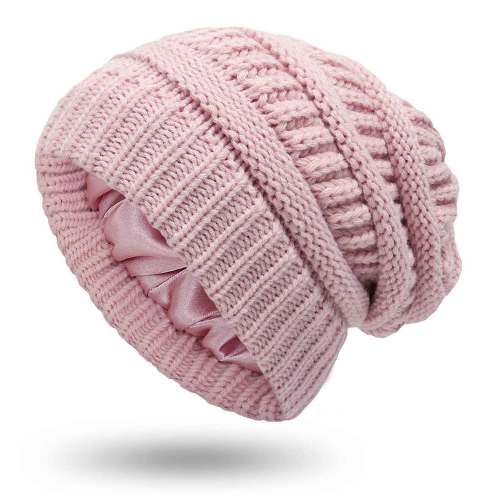 Warm Woolen Knit Satin Hats for Women's Protective Hairstyles Pink One size