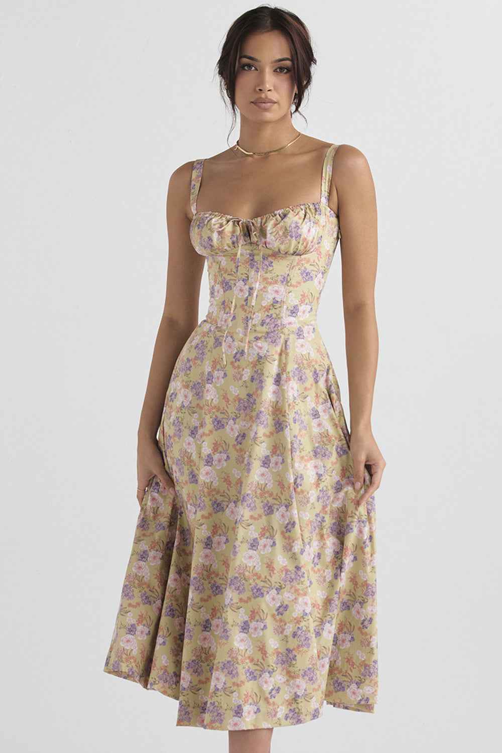 Sally | Spring Dress - Floral Print Party Dress Yellow - Flower Print