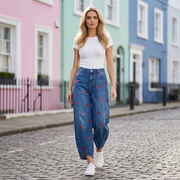 Women's Heart Print Barrel Leg Jeans