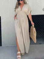 Women's Elegant Deep V-Neck Maxi Dress - Tailored Fit with Split Skirt