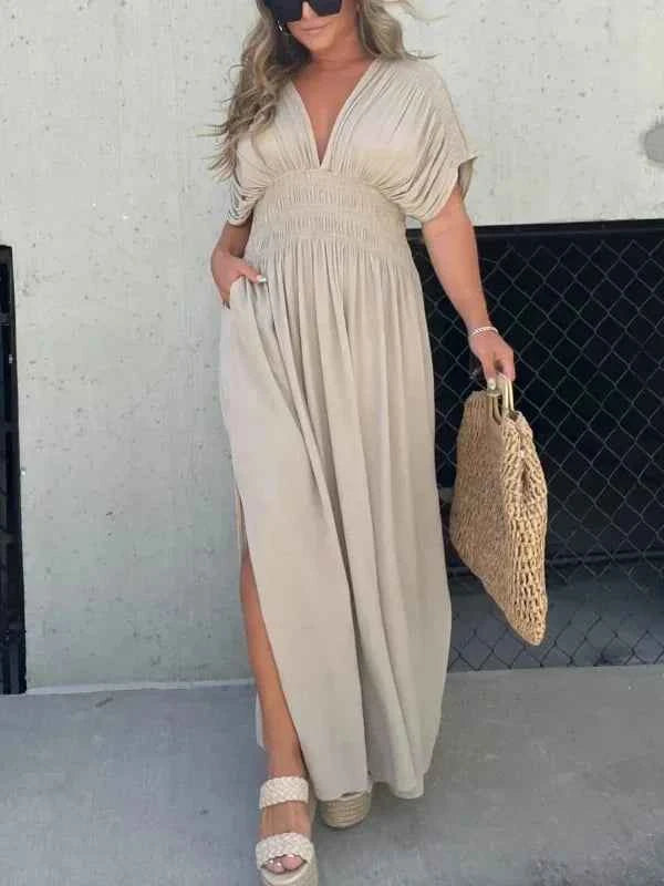 Women's Elegant Deep V-Neck Maxi Dress - Tailored Fit with Split Skirt