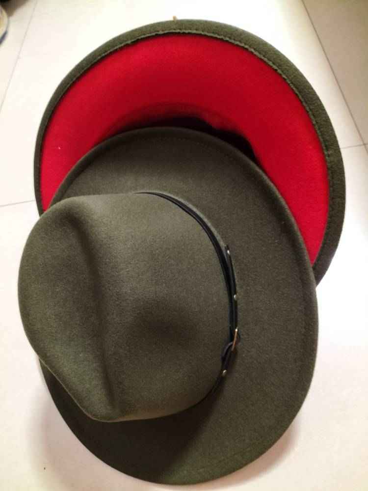 Stylish Color-Block Fedora Hat for Trendy Jazz Lovers Army green inner red M