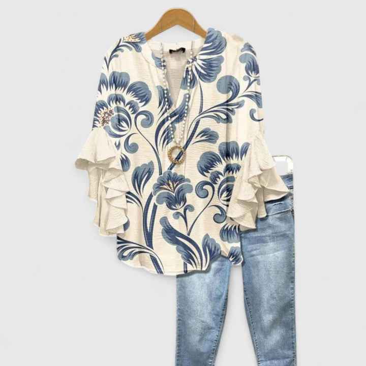 Women's Elegant Ruffle Sleeve Floral Top White Blue