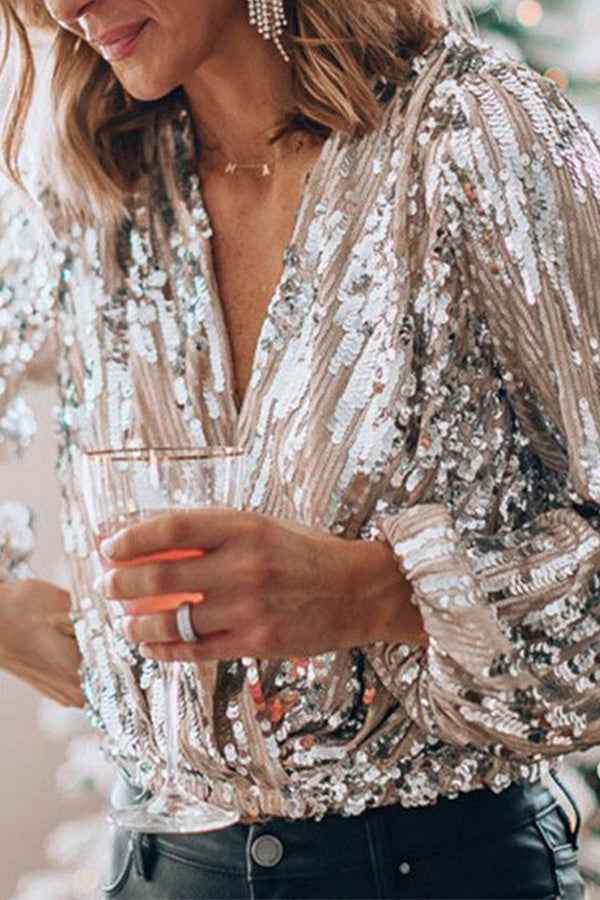 Women's V-Neck Sequined Blouse with Long Puff Sleeves - Relaxed Fit for Festive Occasions