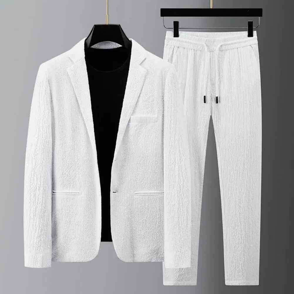 Men's Striped Pleat Blazer Suit White