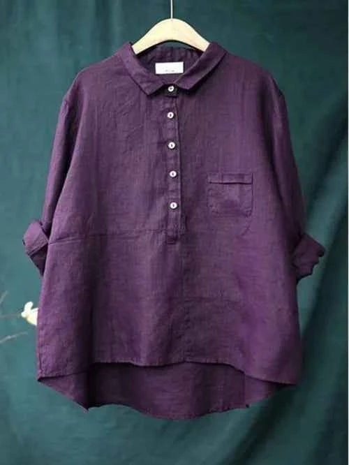 Women's Relaxed Fit Linen Shirt – Long Sleeve – Breathable Classic Collar Purple