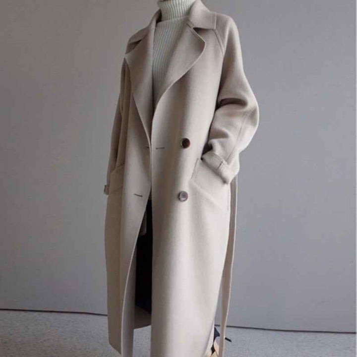 Women's Oversized Wool Blend Coat – Long Double-Breasted Classic Style Beige