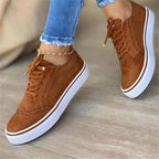 Women's Casual Lace-Up Sneakers with Round Toe Cap - Flat Style Brown