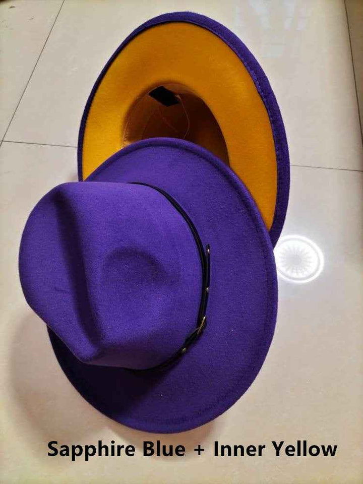 Stylish Color-Block Fedora Hat for Trendy Jazz Lovers Sapphire Blue Inner Yellow M