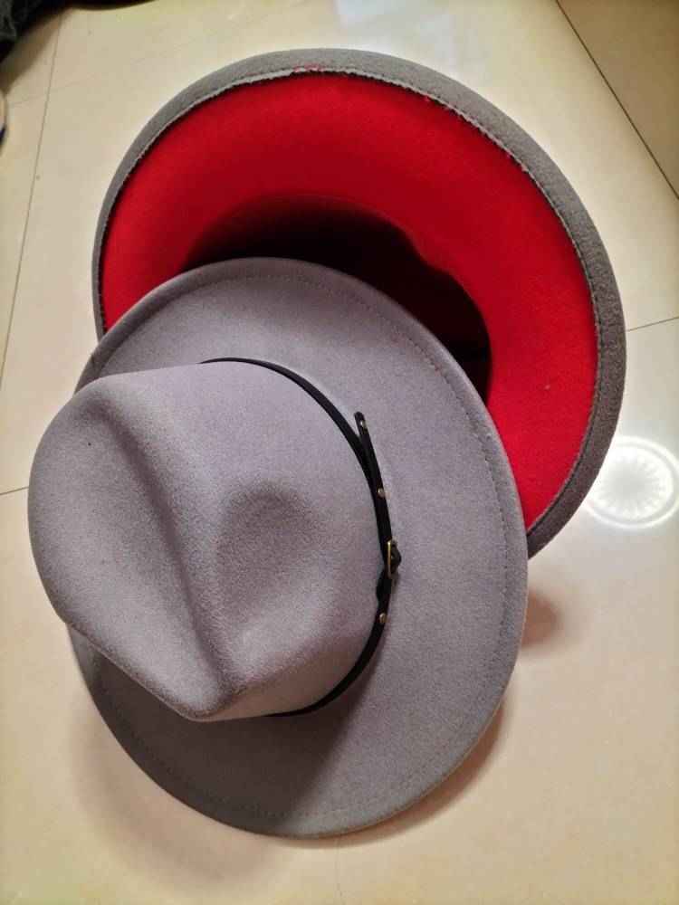 Stylish Color-Block Fedora Hat for Trendy Jazz Lovers Grey inner red M