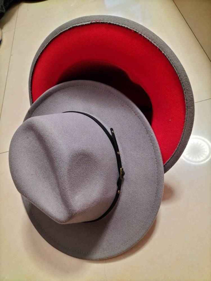 Stylish Color-Block Fedora Hat for Trendy Jazz Lovers Grey inner red M
