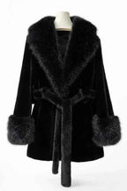 Women's Plush Faux Fur Trim Belted Coat with Statement Collar Black