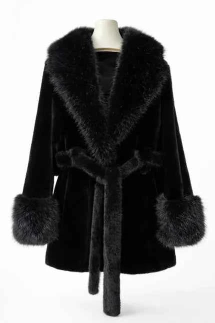 Women's Plush Faux Fur Trim Belted Coat with Statement Collar Black