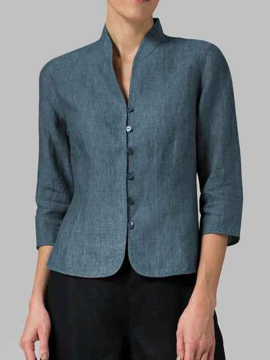 Women’s Stand-Up Collar Button-Up Blouse Blue Green