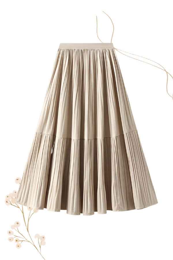 Women's High Waist Midi Skirt - Pleated Design with Elastic Waistband - Lightweight