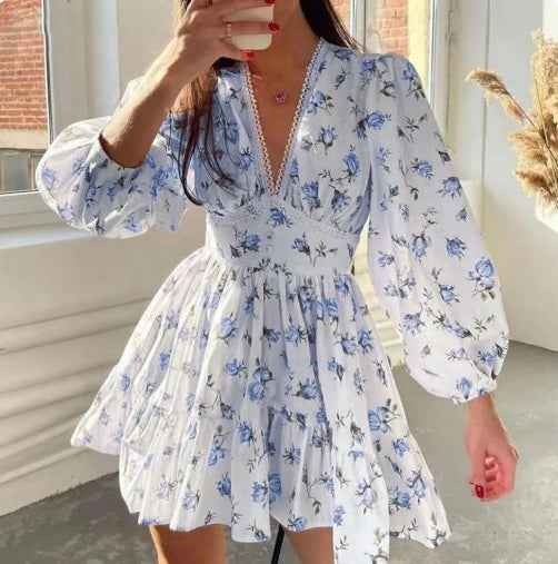 Pamela | Elegant Summer Dress with Ruffles and V-Neck Blue