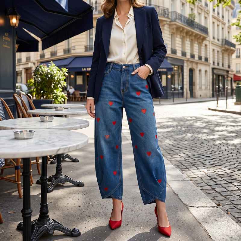 Women's Heart Print Barrel Leg Jeans