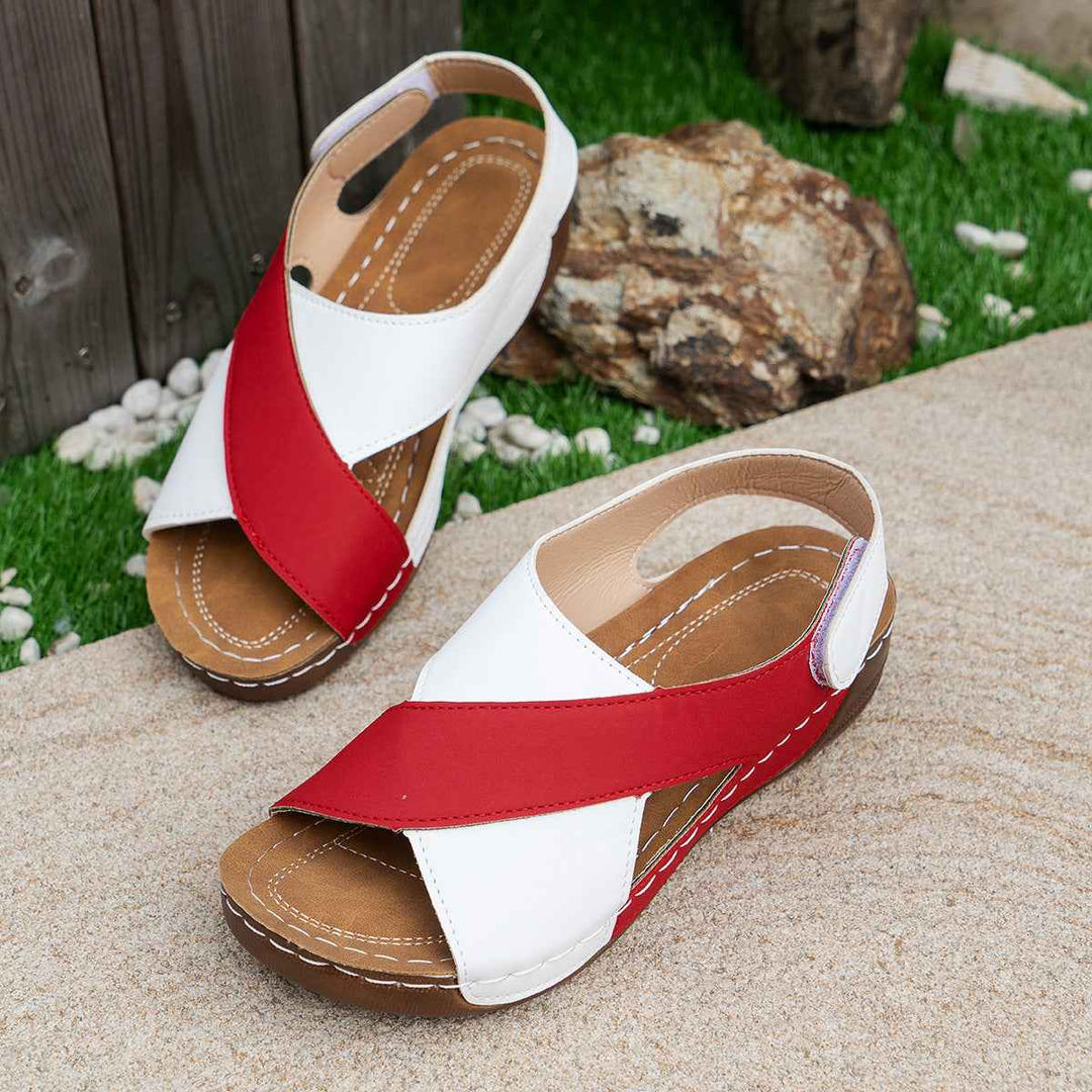 Summer Wedges Sandals With Colorblock Cross-strap Design Casual Thick-soled Roman Shoes For Women Red