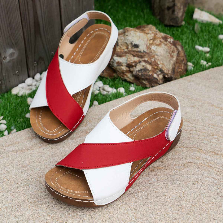 Summer Wedges Sandals With Colorblock Cross-strap Design Casual Thick-soled Roman Shoes For Women Red