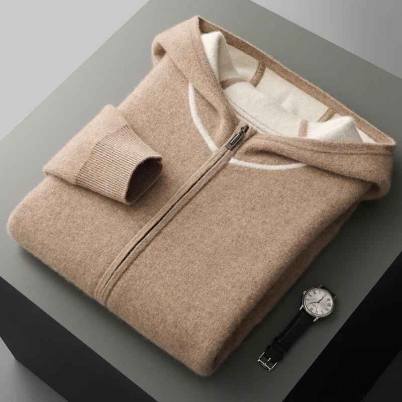 Men's Regular Fit Zip Front Hoodie with Contrast Trim Tan