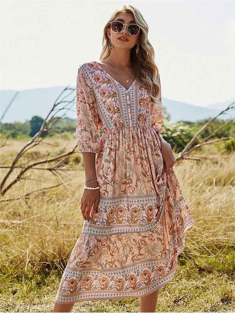 Women's Bohemian Floral Maxi Dress – V-Neck, Three-Quarter Sleeve, Fitted Pink