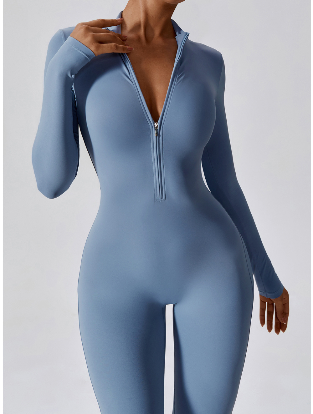 Women's Long Sleeve Shaping Yoga Fitness Jumpsuit Light Blue