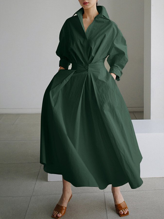 Women's A-Line Midi Dress with Long Sleeves and V-Neck – Lightweight and Fitted