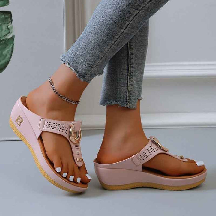 Women's High Heel Wedge Thong Sandals with Metal Accents