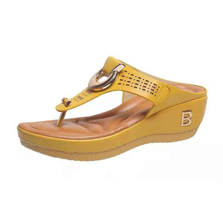 Women's High Heel Wedge Thong Sandals with Metal Accents Yellow