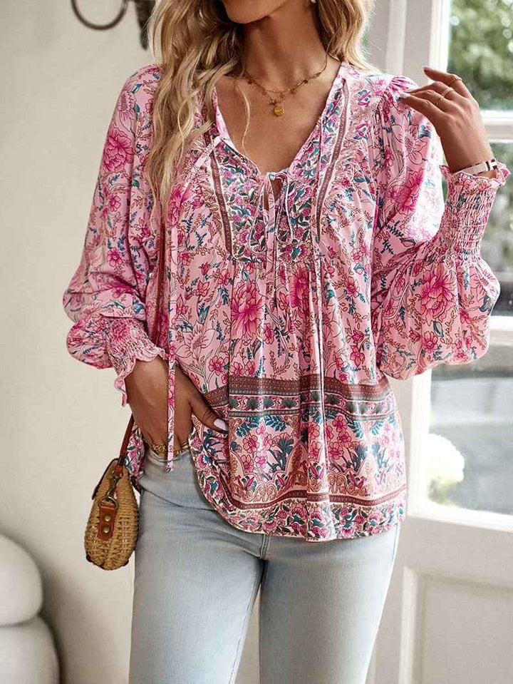 Women's Floral Print V-Neck Blouse with Puff Sleeves Pink