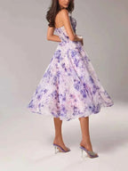 Women's Floral Print A-Line Midi Dress with Spaghetti Straps – Chiffon Look