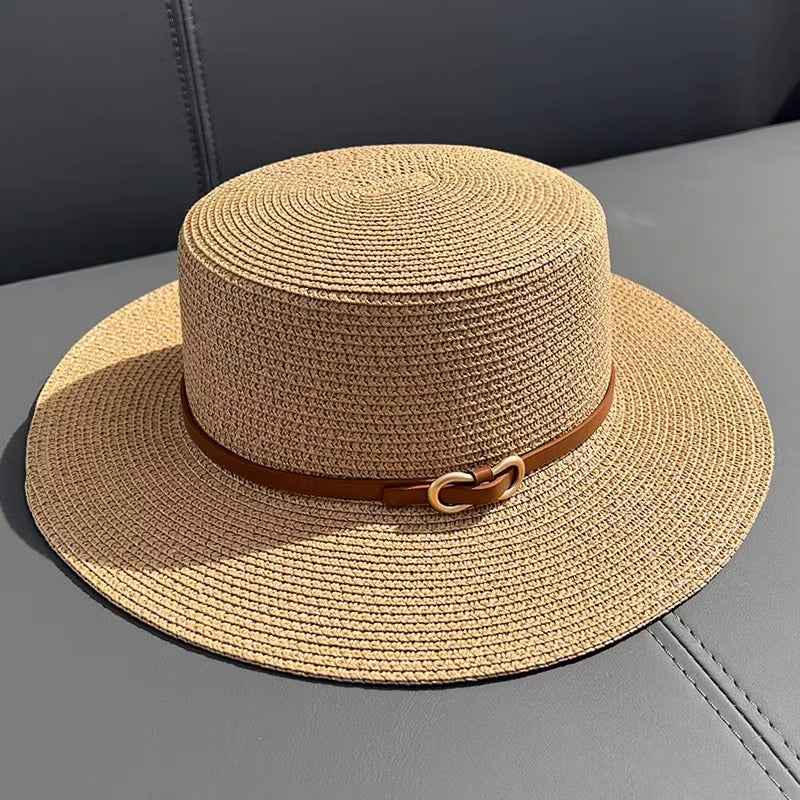 Flat Straw Hat Women's Summer Seaside UV Protection Khaki Free Size