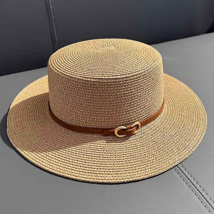 Flat Straw Hat Women's Summer Seaside UV Protection Khaki Free Size