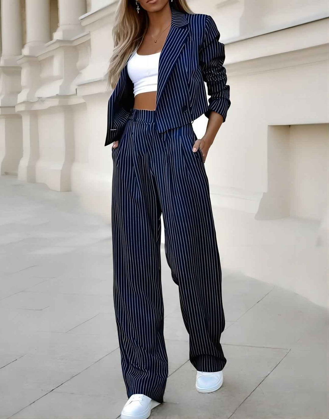 Women's Cropped Blazer Suit Set with Tailored Fit & High Waist Wide Leg Trousers – Pinstripe Design Black