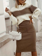 Women's Ribbed Twinset: Knitted Sweater & Pencil Skirt - Long Sleeve Comfort Fit