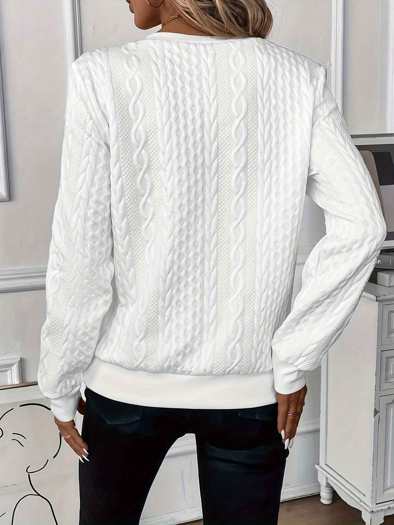 Women's Cable Knit Sweater - Round Neck, Long Sleeve, Zipper Detail