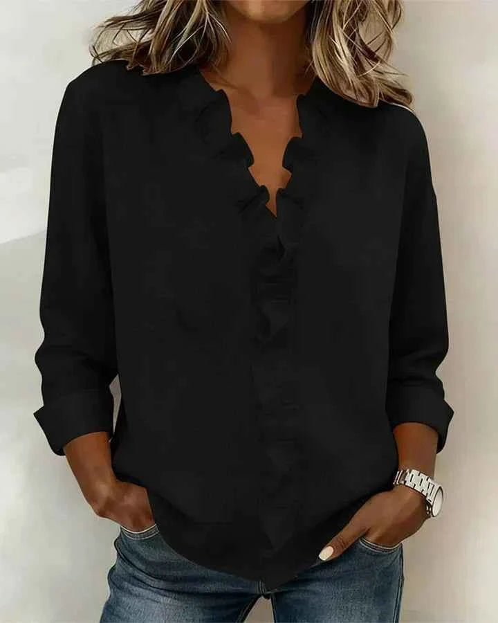 Women's Elegant V-neck Ruffles Blouse Black