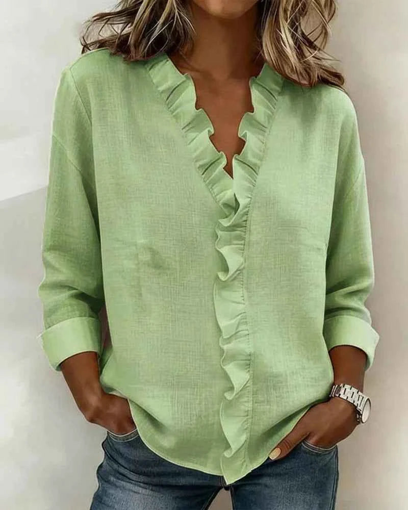 Women's Elegant V-neck Ruffles Blouse Green