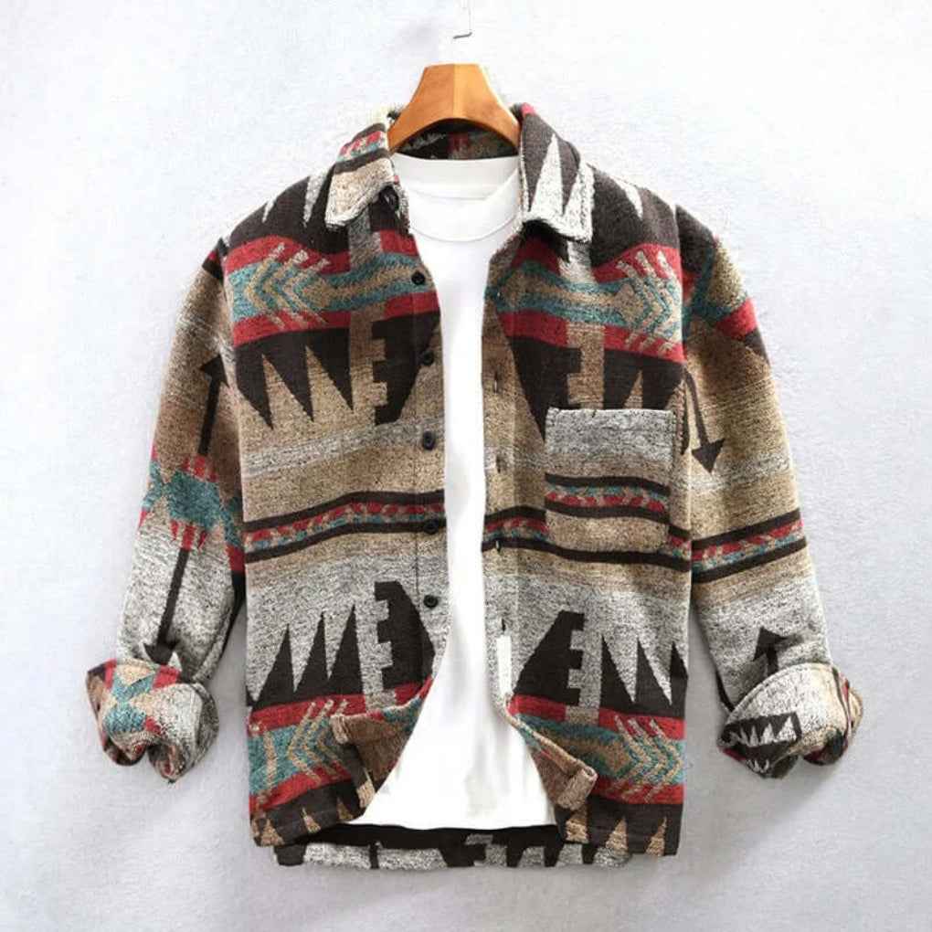 Men's Southwestern Style Aztec Print Shirt Jacket Dark Brown