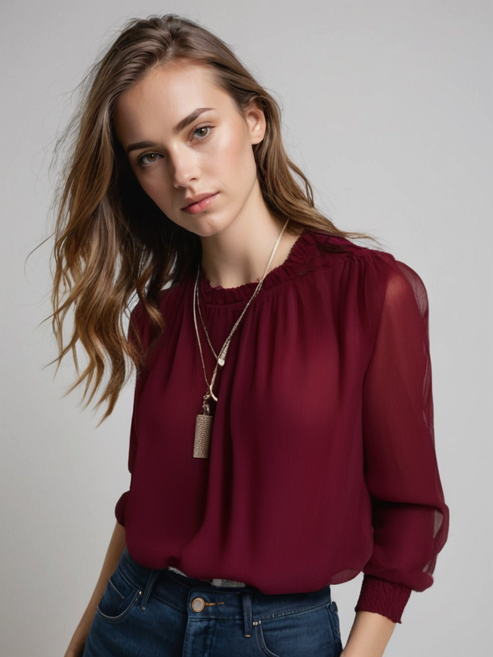 Women's Elegant Long Sleeve Ruffle Blouse Dark Red