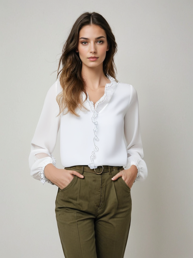 Women's Elegant Long Sleeve Ruffle Blouse White